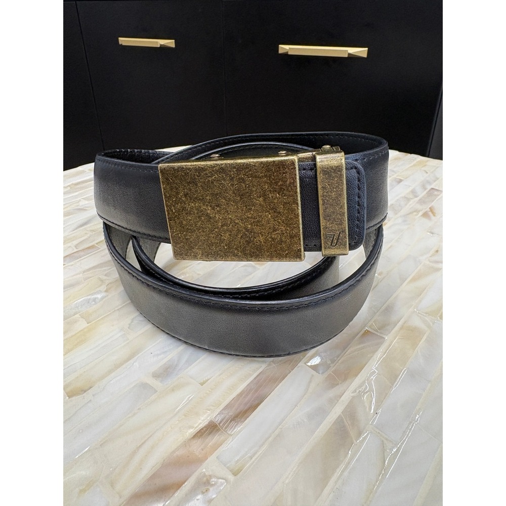 Mission Belt Mens Black Leather Ratchet Belt Antique Brass Buckle 40mm Size 40 - Picture 2 of 7